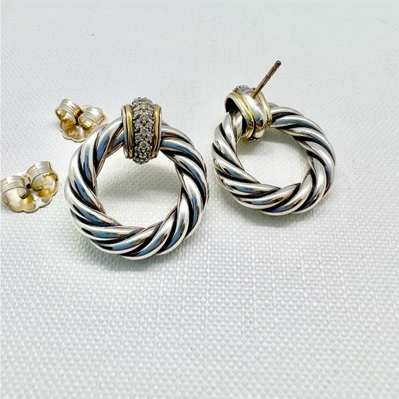 David Yurman Sterling Silver 18k Diamond Cable Door Knocker Earrings - Picture 10 of 12